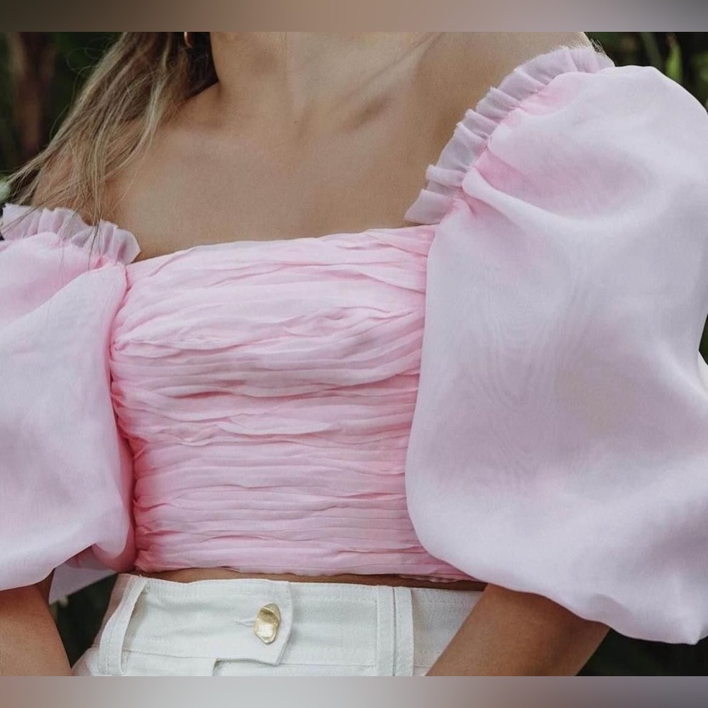 AJE Myriad Ruched Puff Sleeve Crop Organza Blouse Size S In Excellent Condition